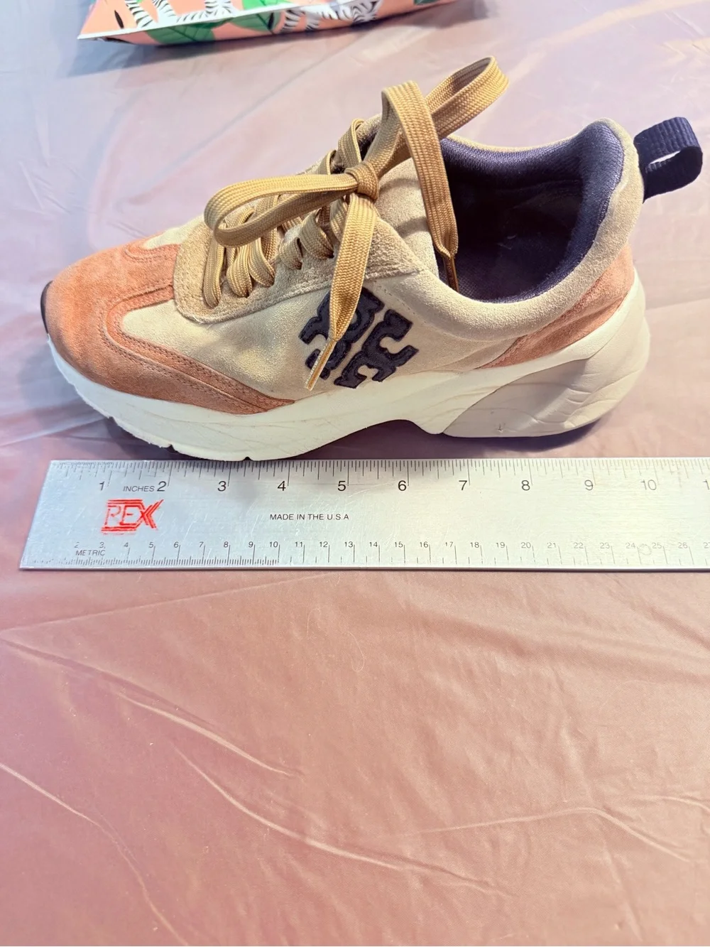 Tory Burch Good Luck Trainer / Nat Suede  Cream/Navy/Pink Moon Size 6 $328